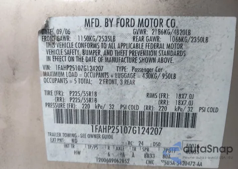 2007 Ford Five Hundred Limited z USA, uszkodzony, nr VIN 1FAHP25107G124207